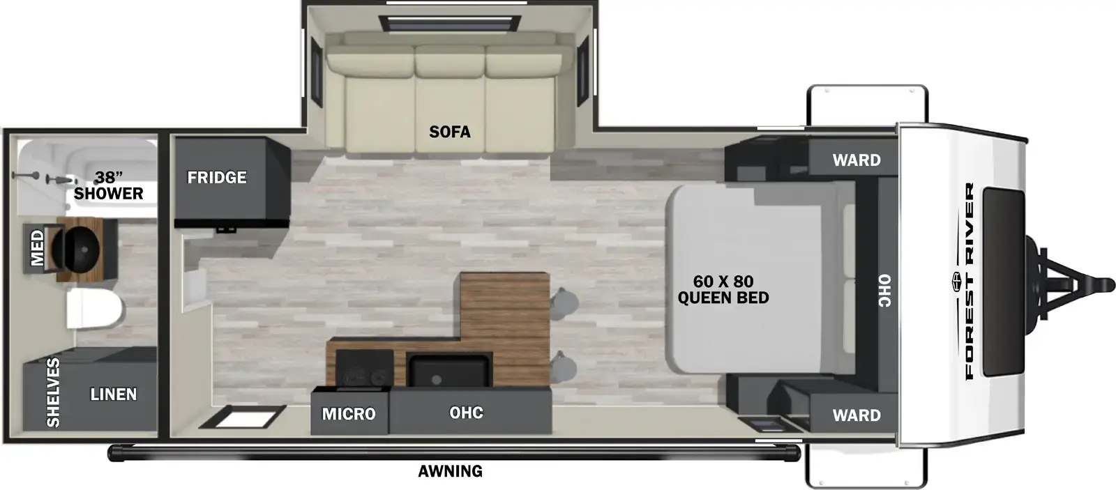 The 19QRB has one slideout and one entry. Exterior features an awning. Interior layout front to back: foot-facing queen bed with overhead cabinet and wardrobes on each side; off-door side slideout with sofa, and a refrigerator; peninsula kitchen counter with stools wraps to door side with sink, cooktop, overhead cabinet, and microwave, and entry door; rear full bathroom with medicine cabinet, linen closet, and shelves.